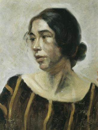 Ernestine von Hüttenbrenner, Dame in gestreiftem Kleid, um 1920, Öl auf Papier auf Hartfaserpla ...