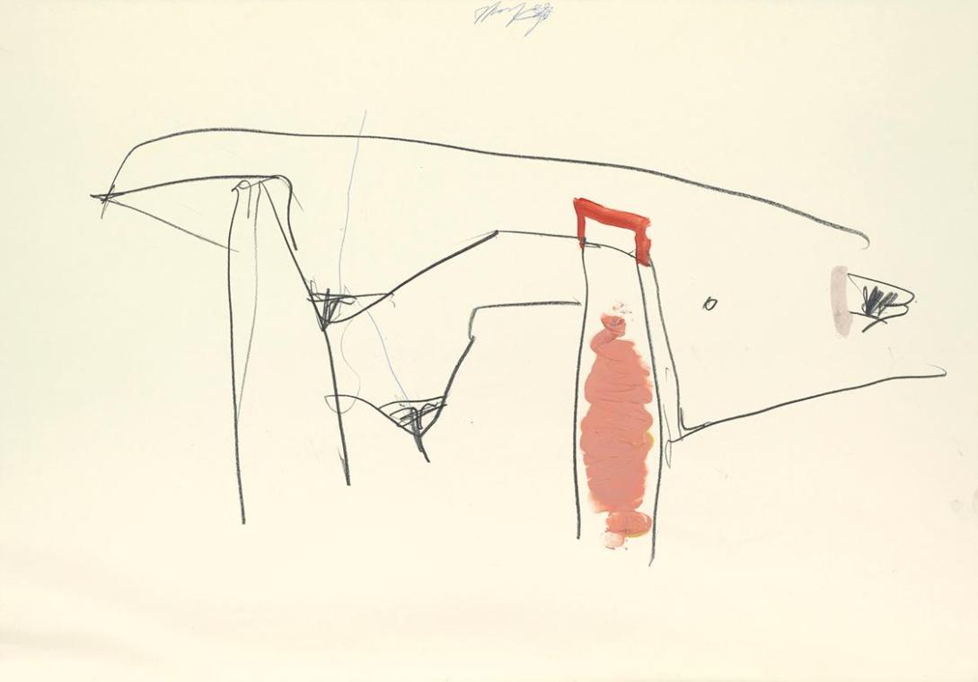 Jürgen Messensee, Akt (liegend mit hellrot), 1996, Kreide und Öl auf Papier, 70 × 100 cm, Schen ...