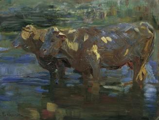 Viktor Eckhardt von Eckhardsburg, Kühe an der Tränke, vor 1918, Öl auf Karton, 37,5 x 49,5 cm,  ...