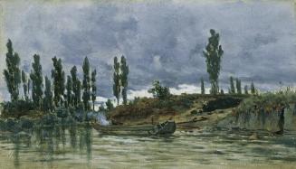 Unbekannter Künstler, Flusslandschaft mit Kahn, um 1880, Öl auf Leinwand, 18 x 31,5 cm, Belvede ...