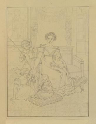 Johann Peter Krafft, Konturzeichnung einer Mutter mit vier Kindern, Bleistift auf Papier, 25,5  ...