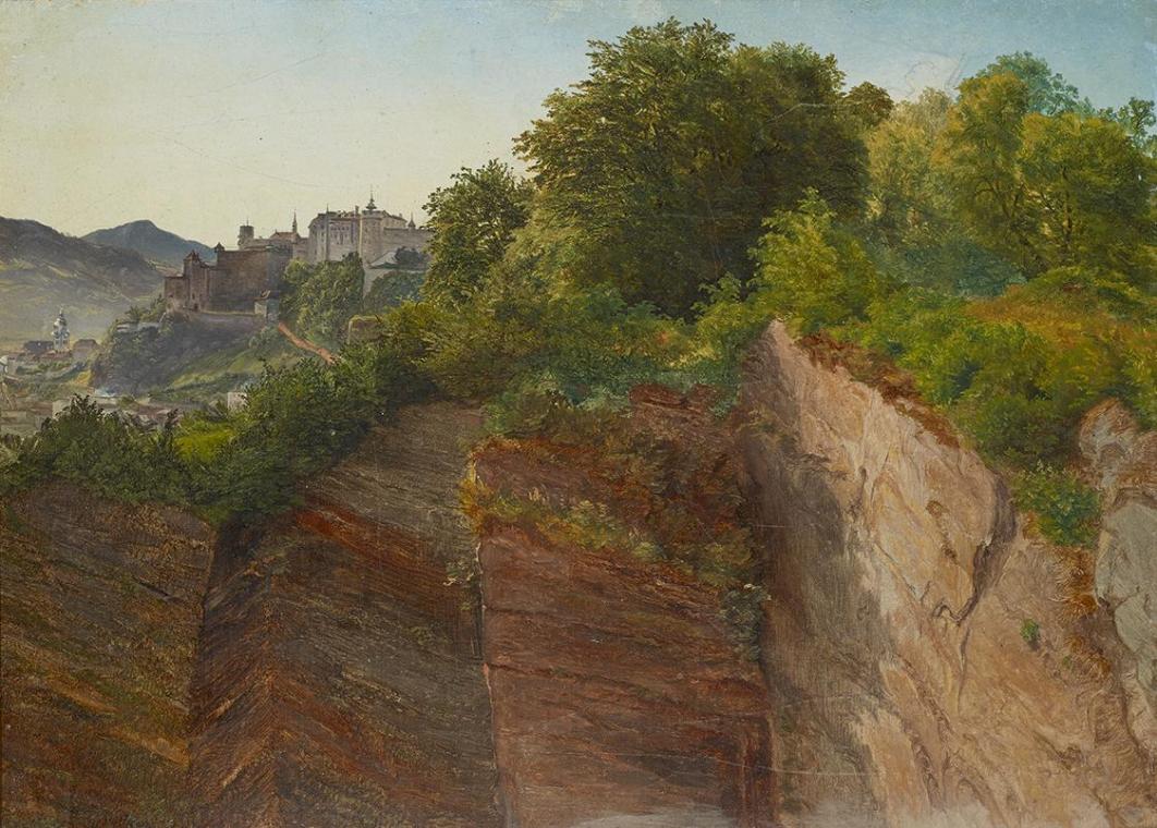 Friedrich Loos, Blick vom Salzburger Mönchsberg auf die Festung Hohensalzburg, um 1830, Öl auf  ...