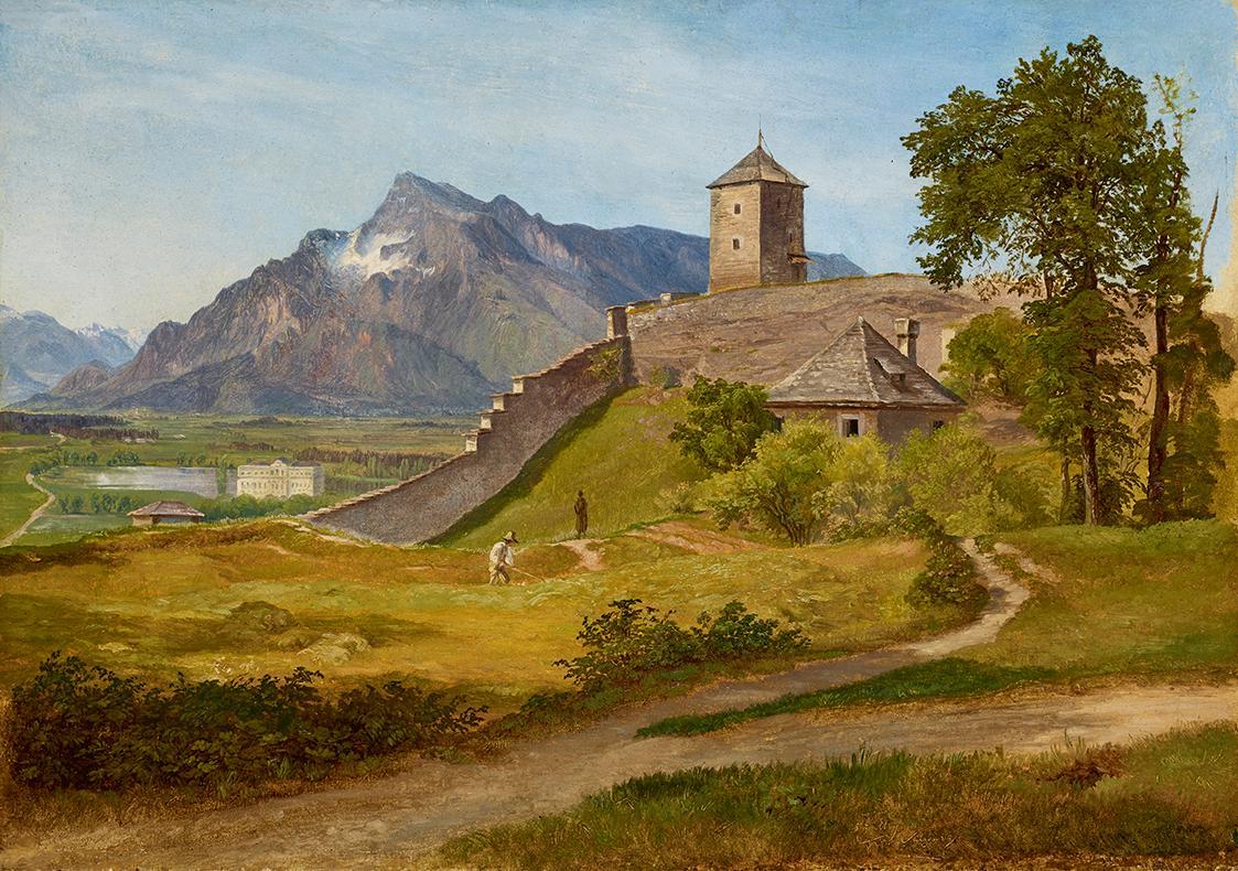 Friedrich Loos, Das Militärwachthaus und der Josefsturm auf dem Salzburger Mönchsberg, 1835, Öl ...