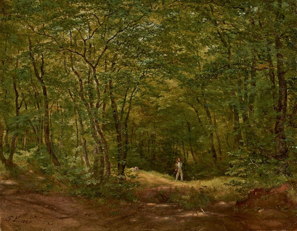 Friedrich Loos, Spaziergänger in einer Waldlandschaft, 1840, Öl auf Papier auf Karton, 20,5 x 2 ...