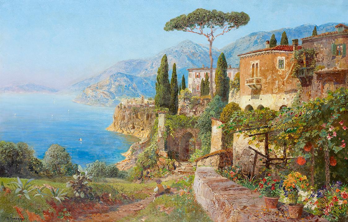 Alois Arnegger, Italienische Landschaft (Castellammare), um 1900, Öl auf Leinwand, 68 x 105 cm, ...