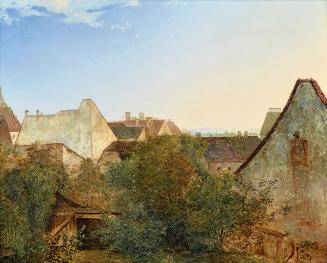 Adalbert Stifter, Blick über Wiener Vorstadthäuser (Beatrixgasse), 1839, Öl auf Holz, 34 x 41 c ...
