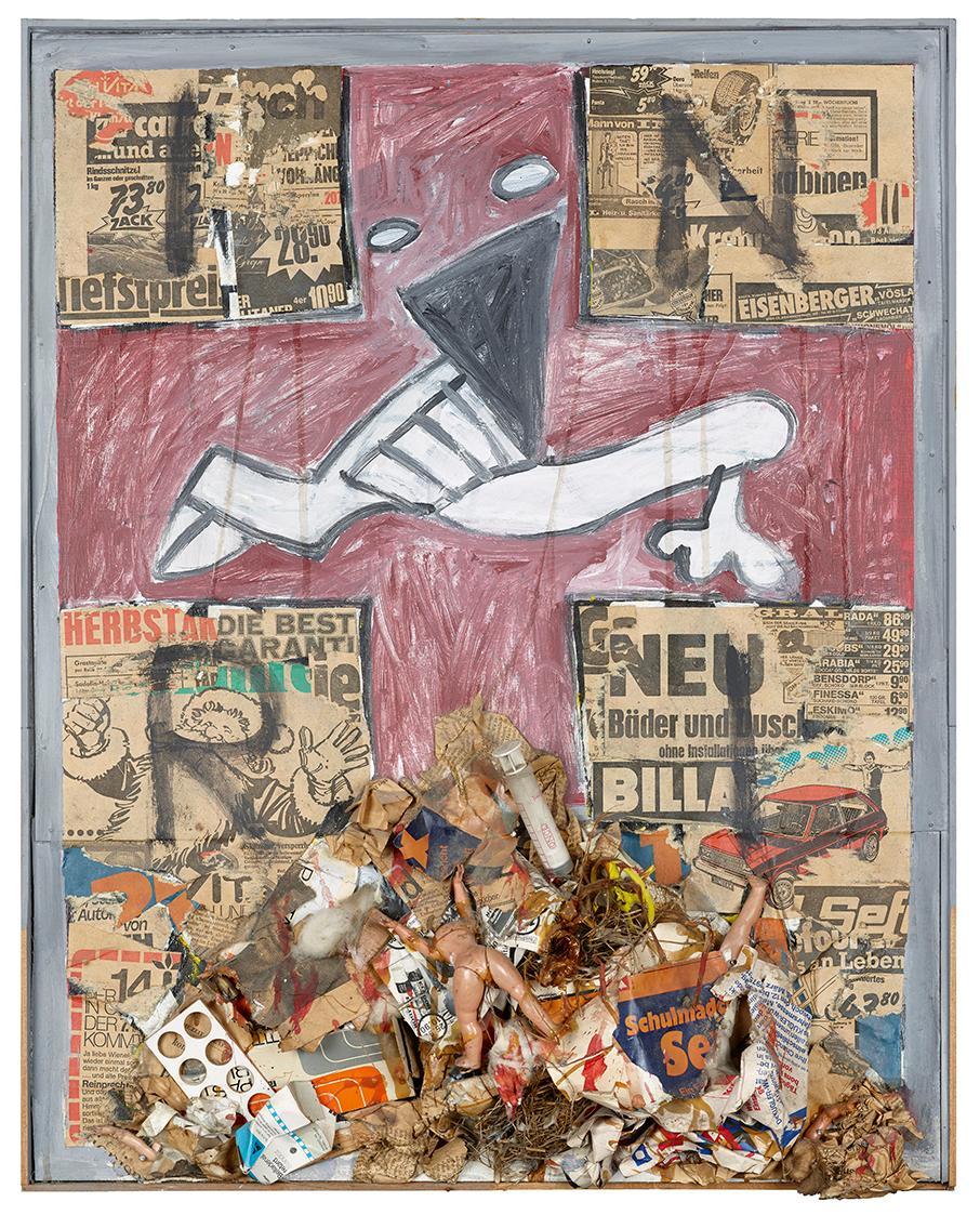 Kurt Hüpfner, INRI, 1974, Acrylfarbe auf Resopal, diverse Abfälle, 74 × 59,5 × 12 cm, Belvedere ...