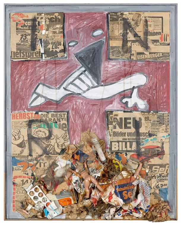 Kurt Hüpfner, INRI, 1974, Acrylfarbe auf Resopal, diverse Abfälle, 74 × 59,5 × 12 cm, Belvedere ...
