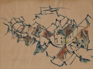 Herbert Boeckl, Die Dächer von Friesach, 1919, Fettstift, Wasserfarben und Öl auf Papier, 37 ×  ...