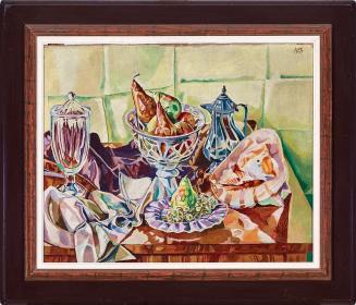 Albert Paris Gütersloh, Früchtestillleben mit Glas, Kaffeekanne und Muschel, 1928, Öl auf Leinw ...