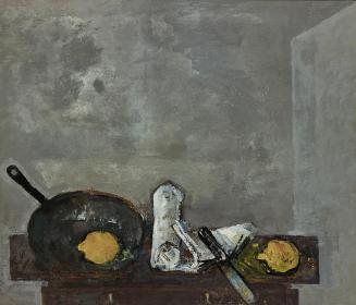 Gerhart Frankl, Stillleben mit Bratpfanne, 1963, Tempera und Öl auf Leinwand, 66,5 × 76,5 cm, S ...