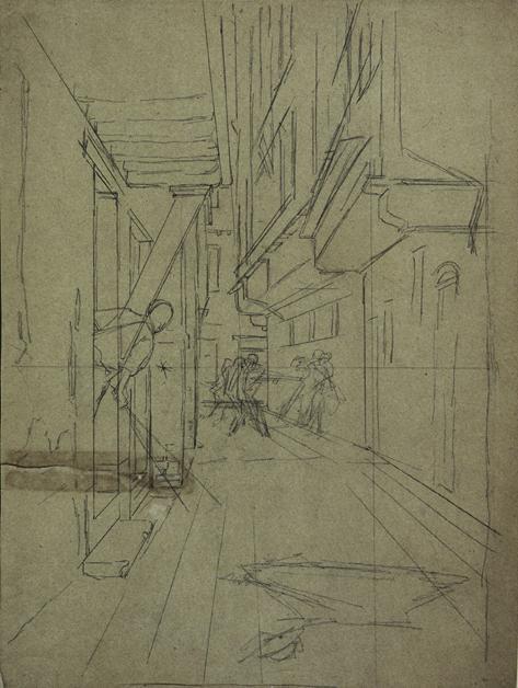 August von Pettenkofen, Perspektivskizze zum "Straßenkampf in Venedig", 1887, Bleistift auf Pau ...