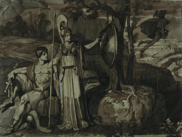 Franz Caucig, Szene aus der Perseussage: Athena mit dem Gorgonenschild, Feder, Sepia auf Papier ...