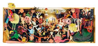 Künstlergruppe gelatin, Ohne Titel, 2003, Mixed Media und Plastilin auf Fotocollage, 76 × 197 × ...