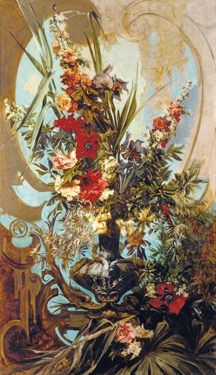 Hans Makart, Dekoratives Blumenbouquet, 1884, Öl auf Leinwand, 205 x 118 cm, Belvedere, Wien, I ...