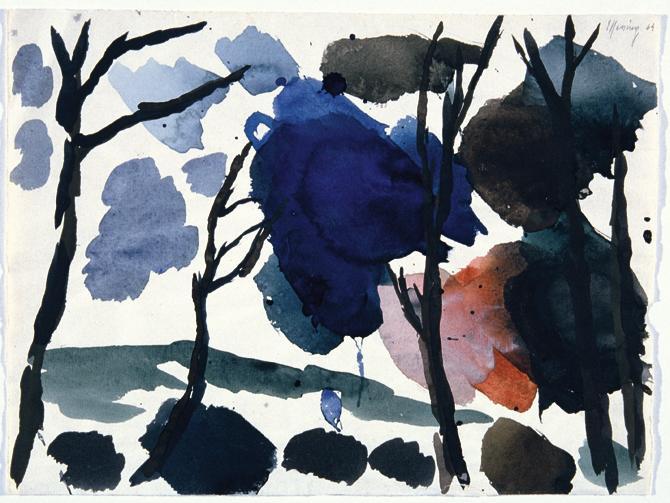 Gustav Hessing, Komposition mit Bäumen, 1964, Deckfarben auf Papier, 24 x 32,5 cm, Belvedere, W ...