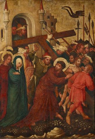 Meister der St. Lambrechter Votivtafel, Kreuztragung Christi, Wien, um 1430, Malerei auf Nadelh ...