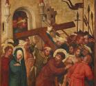Meister der St. Lambrechter Votivtafel, Kreuztragung Christi, Wien, um 1430, Malerei auf Nadelh ...