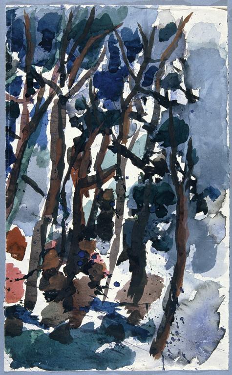 Gustav Hessing, Bäume, 1960, Deckfarben auf Papier, 48 x 29 cm, Belvedere, Wien, Inv.-Nr. 8944