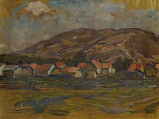 Johanna Kampmann-Freund, Landschaft mit Häusern und Berg, undatiert, Öl auf Karton, 37 x 48 cm, ...