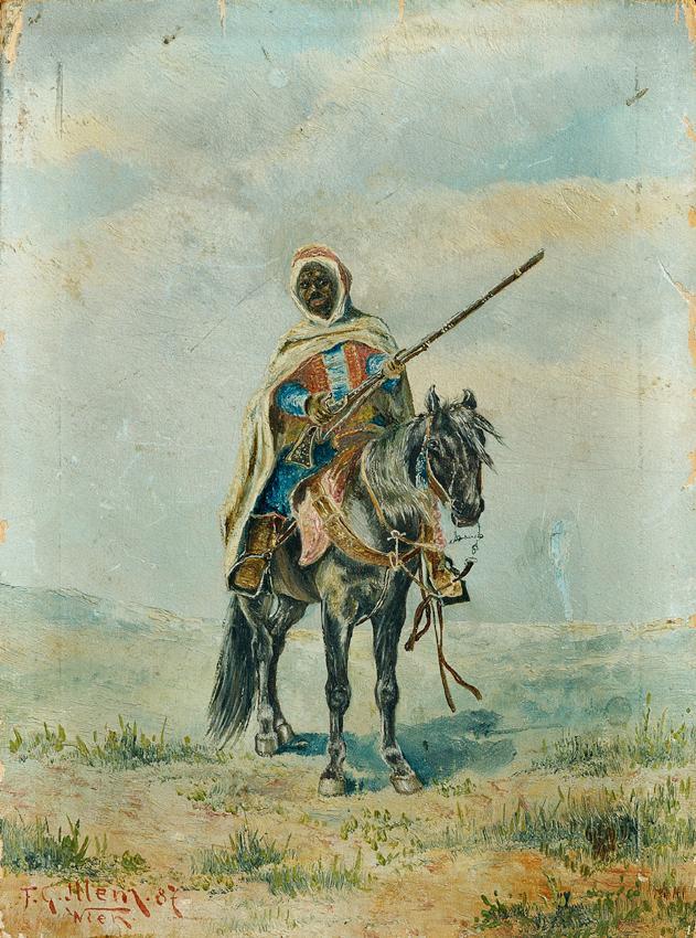 Franz Josef Georg Illem, Beduine zu Pferd, 1887, Öl auf Holz, 15,6 x 11,7 cm, Belvedere, Wien,  ...