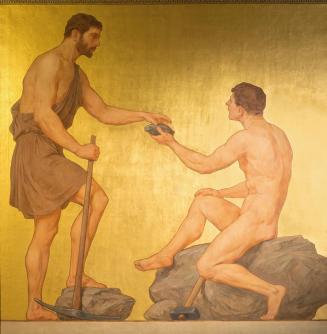Eduard Lebiedzki, Bergbau, 1907–1911, Öl auf Leinwand, vergoldet, 220 × 218,5 cm, Dauerleihgabe ...
