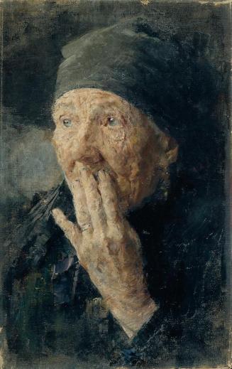 Karoline Kubin, Kopf einer alten Frau mit der Hand am Mund, Öl auf Leinwand, 45 x 28,5 cm, Belv ...
