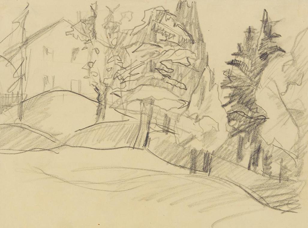 Anny Dollschein, Haus im Wald, Bleistift, 20,3 × 28 cm, Belvedere, Wien, Inv.-Nr. 11046/35