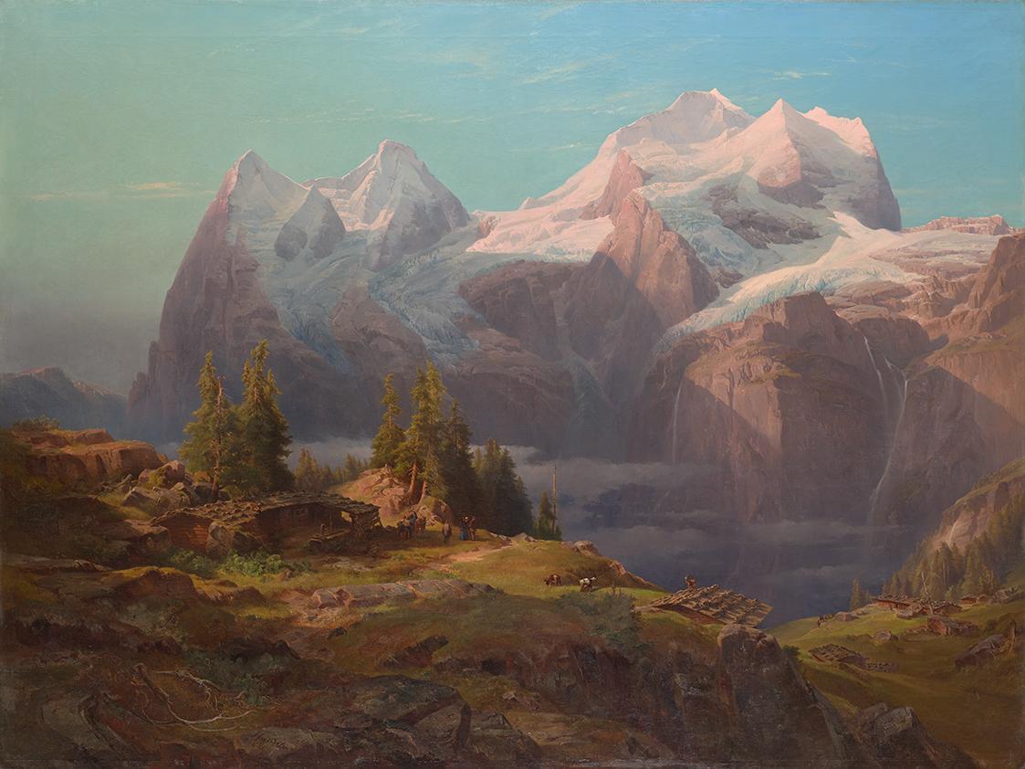 Anton Hansch, Wengeralpe im Berner Oberland (Jungfrau und Mönch),1853, Öl auf Leinwand, 140 x 1 ...
