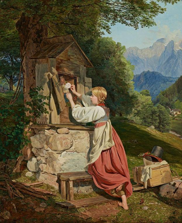 Ferdinand Georg Waldmüller, Ein Mädchen schmückt die Mutter Gottes mit einer Rose, 1836, Öl auf ...