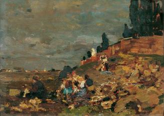 Tina Blau, Kinder an der Friedhofsmauer, 1888, Öl auf Holz, 17,5 x 25 cm, Belvedere, Wien, Inv. ...