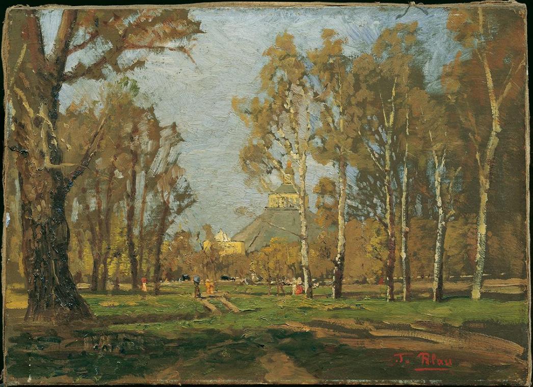 Tina Blau, Im Prater bei der Rotunde, um 1885, Öl auf Leinwand, 33 x 45 cm, Belvedere, Wien, In ...