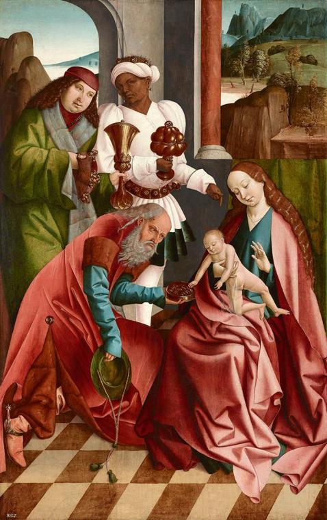 Rueland Frueauf d. Ä., Anbetung der Heiligen Drei Könige, um 1490/1491, Malerei auf Fichtenholz ...