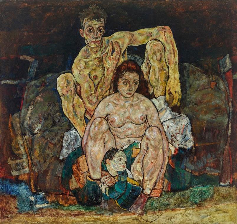 Egon Schiele, Kauerndes Menschenpaar (Die Familie), 1918, Öl auf Leinwand, 150 x 160,8 cm, Belv ...