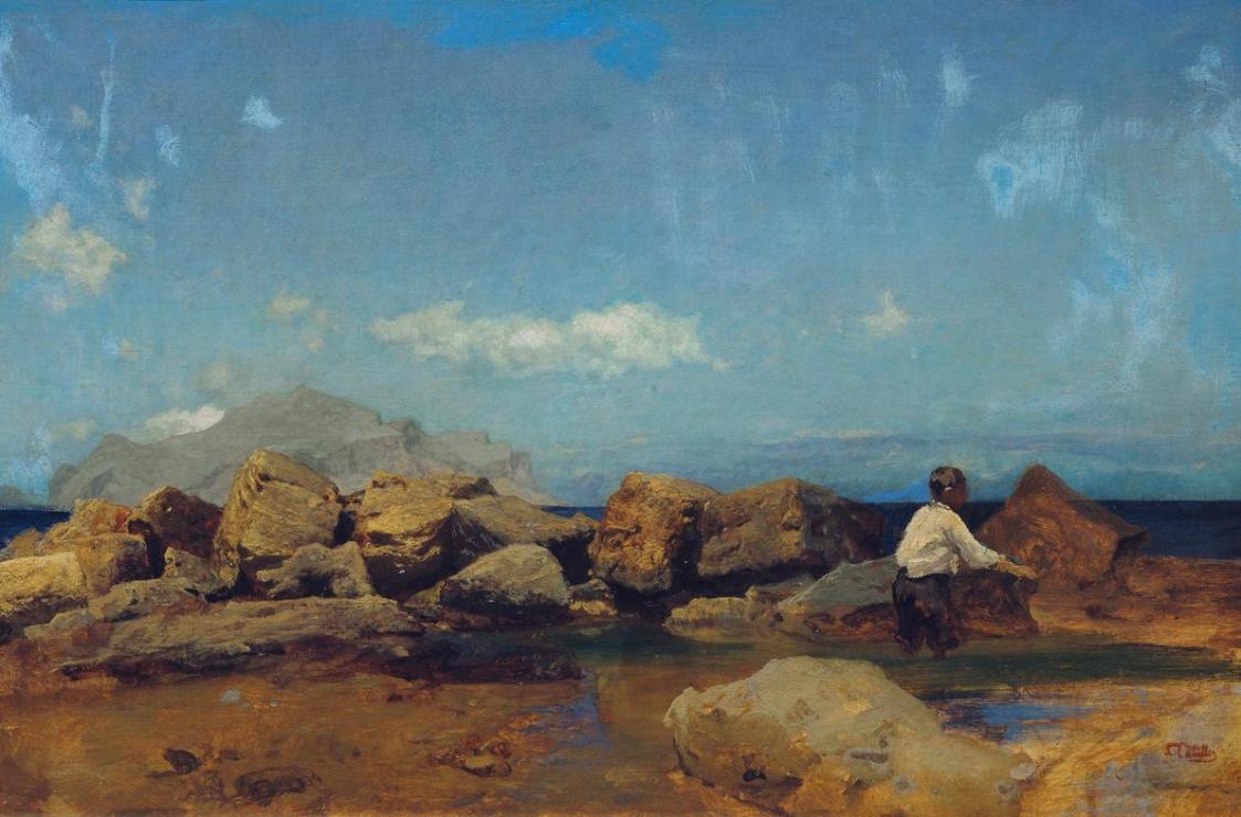 Leopold Carl Müller, Meeresküste mit Monte Pellegrino bei Palermo, Öl auf Leinwand, 38 x 56 cm, ...