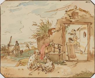 Karl Pischinger, Ländliche Idylle, Bauernhaus mit Ziegen, Hund, Pferd an Ziehbrunnen, 1847, Fed ...