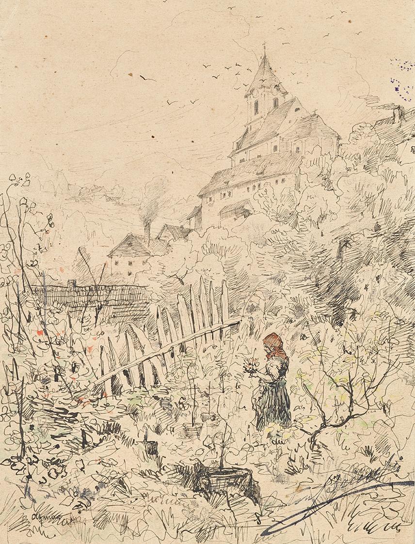 Anton Brioschi, Bauernmädchen in Garten, dahinter Kirche und Dorf, um 1880, Bleistift, Feder, A ...