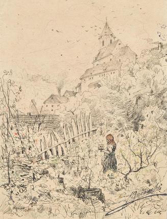 Anton Brioschi, Bauernmädchen in Garten, dahinter Kirche und Dorf, um 1880, Bleistift, Feder, A ...