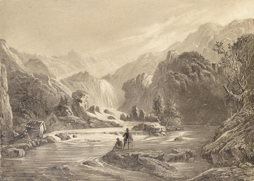 August Wilhelm Lehmann, Wasserfall bei Herringsholmen, Norwegen, 1850, Bleistift auf Papier, 18 ...