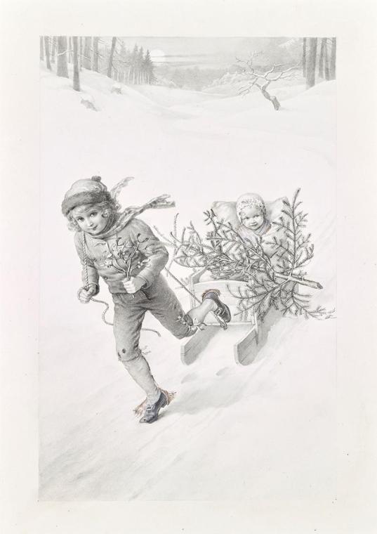 Carl Fröschl, Zwei Kinder, durch Winterlandschaft fahrend, um 1900, Lichtdruck, 29,2 × 20,7 cm, ...
