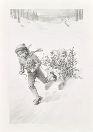 Carl Fröschl, Zwei Kinder, durch Winterlandschaft fahrend, um 1900, Lichtdruck, 29,2 × 20,7 cm, ...