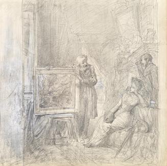 Rudolf Hausleithner, In einem Atelier, 1881, Bleistift mit Weißhöhungen auf Papier, 22 × 22 cm, ...