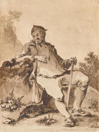 Unbekannter Künstler, Mann mit Mütze und Stock auf Stein rastend, vor 1790, Sepia, laviert auf  ...