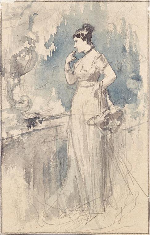 Franz von Persoglia, Dame in langem Kleid, um 1900, Bleistift und Aquarell auf Papier, 15,3 × 9 ...