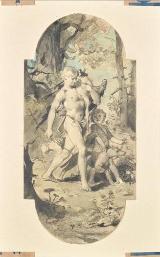 F. Emmert, Nackter Jüngling mit Bogen und erlegtem Reiher (Allegorie der Reiherjagd), um 1900,  ...
