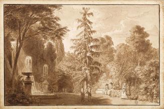 Park mit Wasserfall und Staffage in Frascati, nach 1780, Braune Feder laviert auf Papier, 28,8  ...