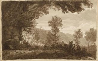 Unbekannter Künstler, Italienische Landschaft mit Höhleneingang, 1775–1785, Braune Feder lavier ...