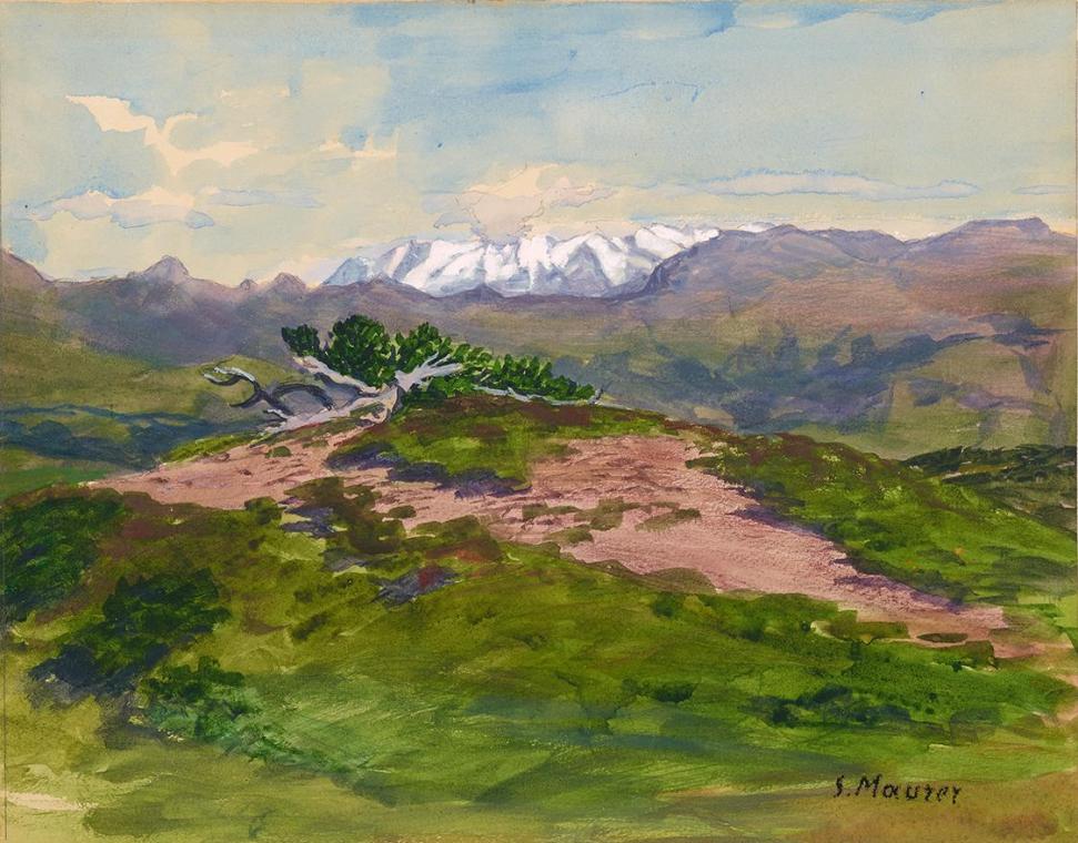 Serafin Maurer, Wanderweg in den Bergen mit Blick auf die Zillertaler Alpen, um 1920, Gouache u ...