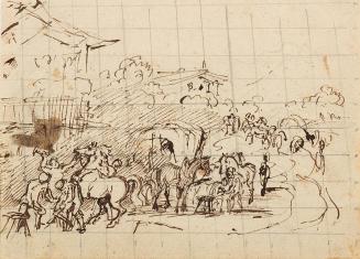 Friedrich August Mathias Gauermann, Pferde vor einer Schmiede, undatiert, Tusche auf Skizzenblo ...